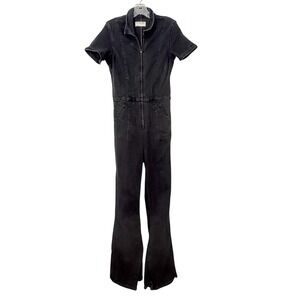 WE THE FREE Black Denim  JUMPSUIT sz M Jayde Short Sleeve Flare Zipper Stretch